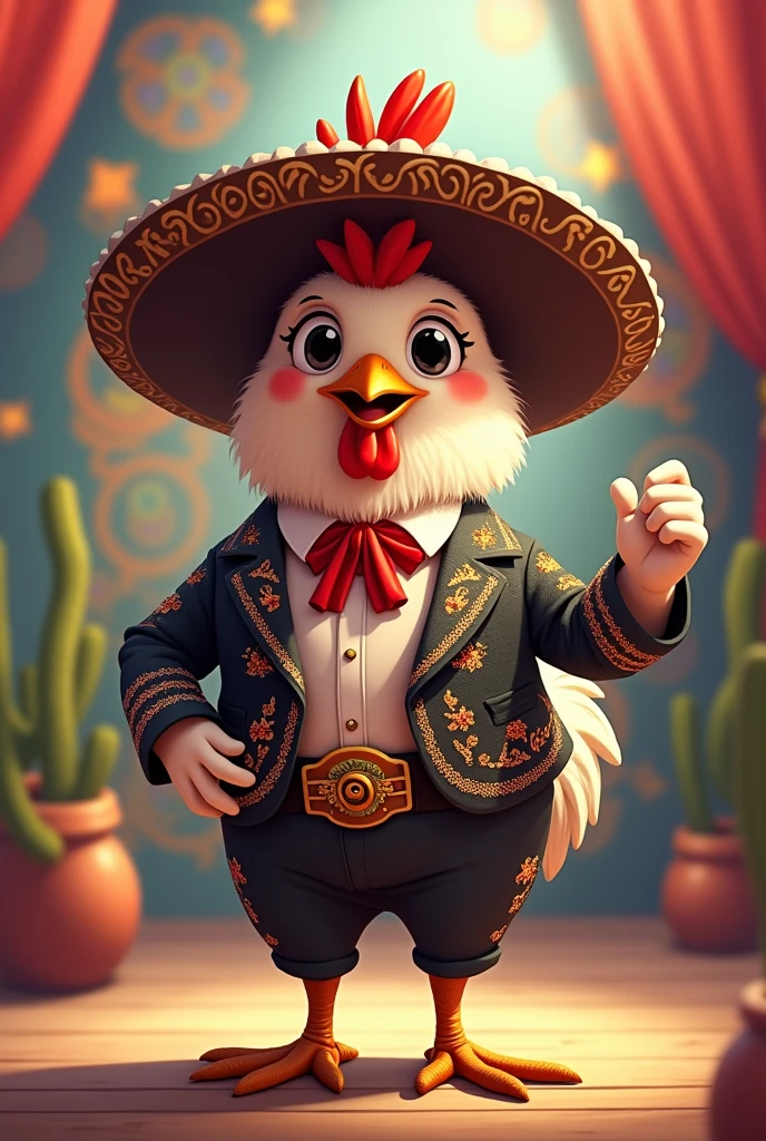 Generates an image of a chicken dressed as a grupero singer, anime version