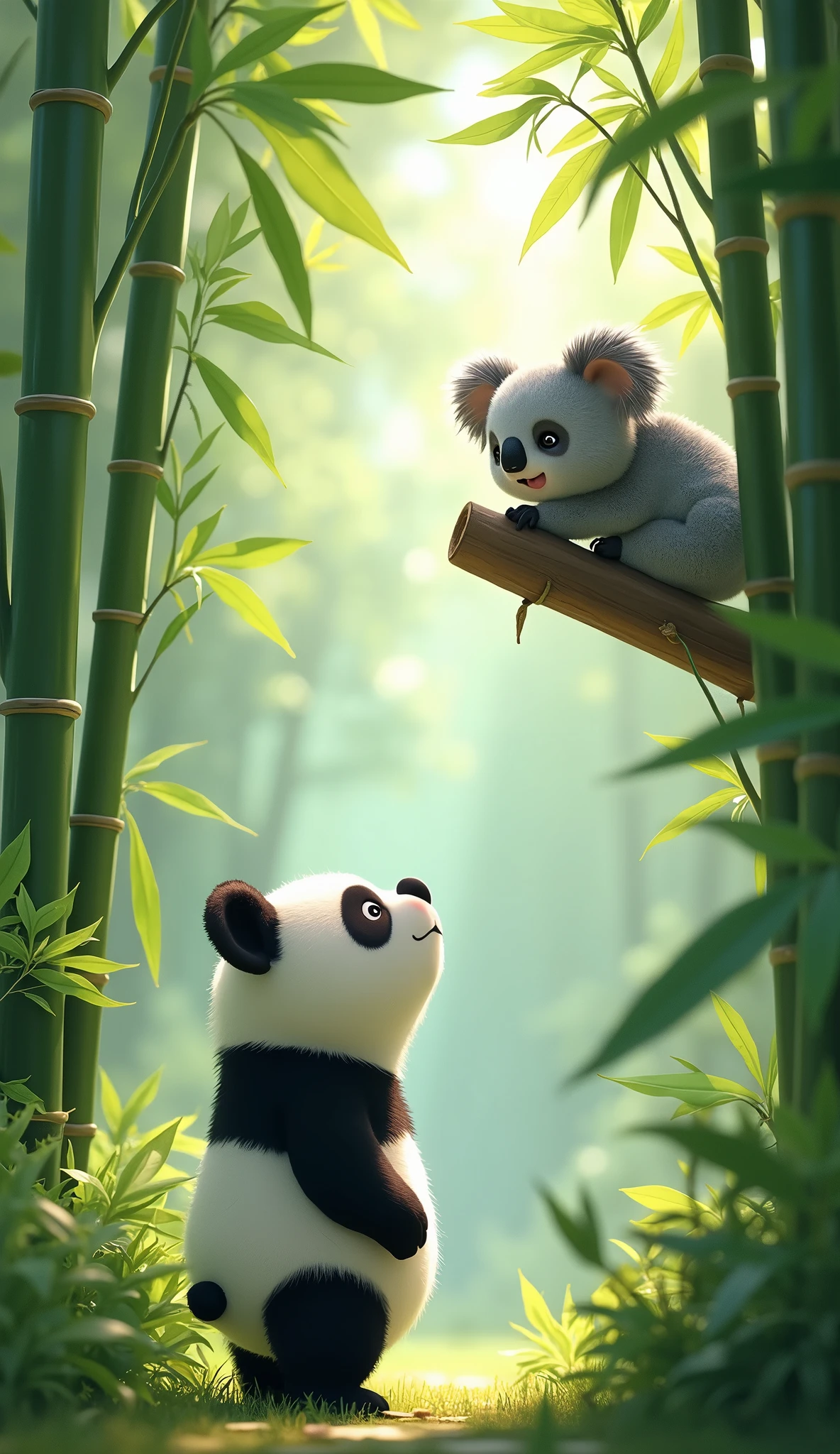 Cartoon anime 3D characters of A cute little panda stands in a lush bamboo forest, curiously looking up at a eucalyptus tree. In the tree, a sleepy koala is lounging on a branch, munching on eucalyptus leaves. The scene is bright and peaceful, with vibrant green bamboo and eucalyptus leaves surrounding them.
