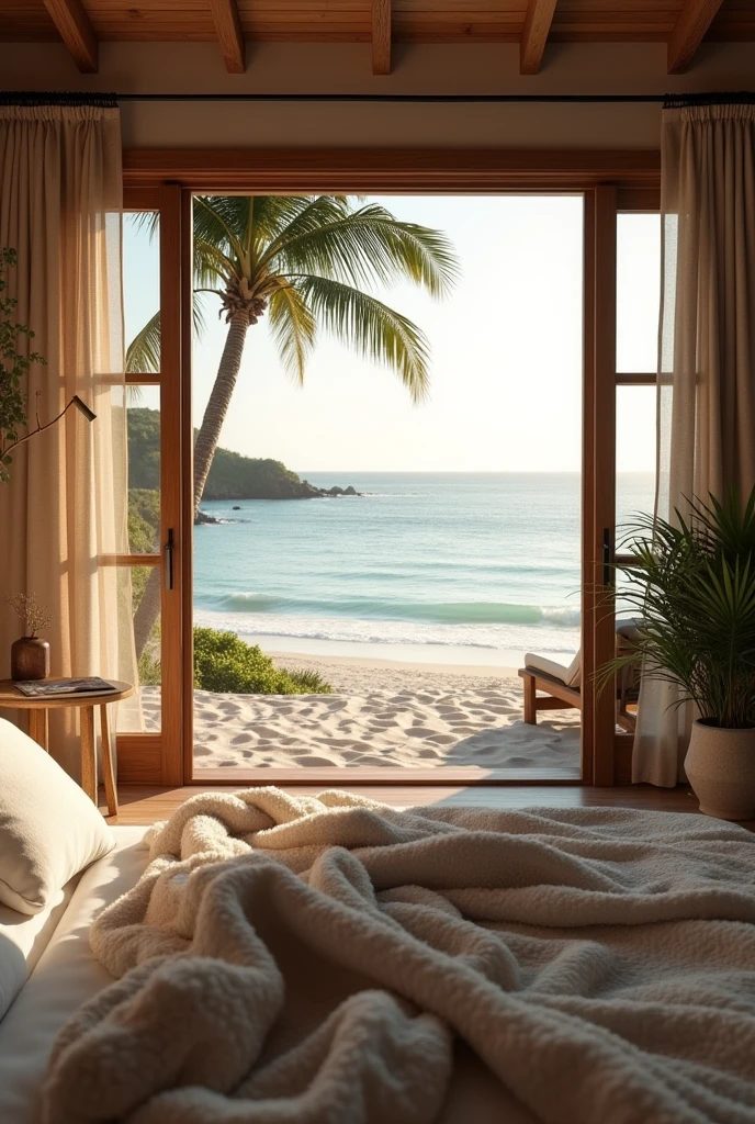 Horizontal picture. Comfy bedroom with thick blanket and macromae coastal style with a big open window door to the beach in the early morning. Theres a small deck outside and then beach and sand. Beautiful beach and coconut trees