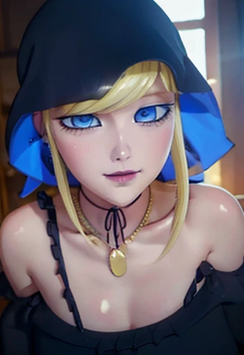 Cute blonde girl with beautiful detailed face with voluminous black lips sensual and tender smile, looking at the viewer, Stunning blue eyes, White skin, black eyeliner, Short black hair with bangs NSFW, perfect and detailed slim body.