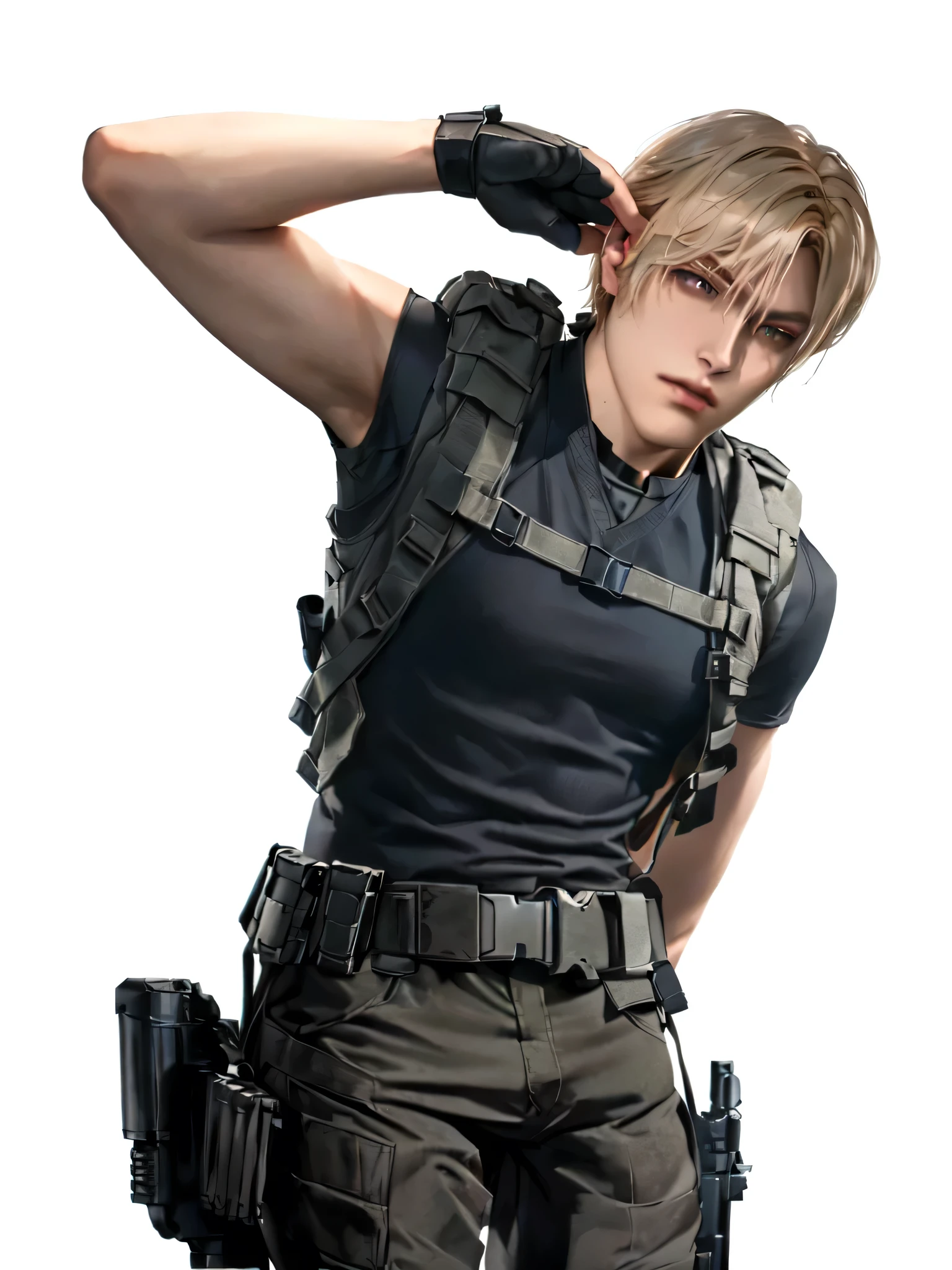 arafed image of a man in a vest and a gun, attractive androgynous humanoid, video game character, johan liebert, xqc, female lead character, john park, male character, sakimichan, by Yang J, androgynous male, androgynous person, official character art, soldier, fighter pose, fighting game character