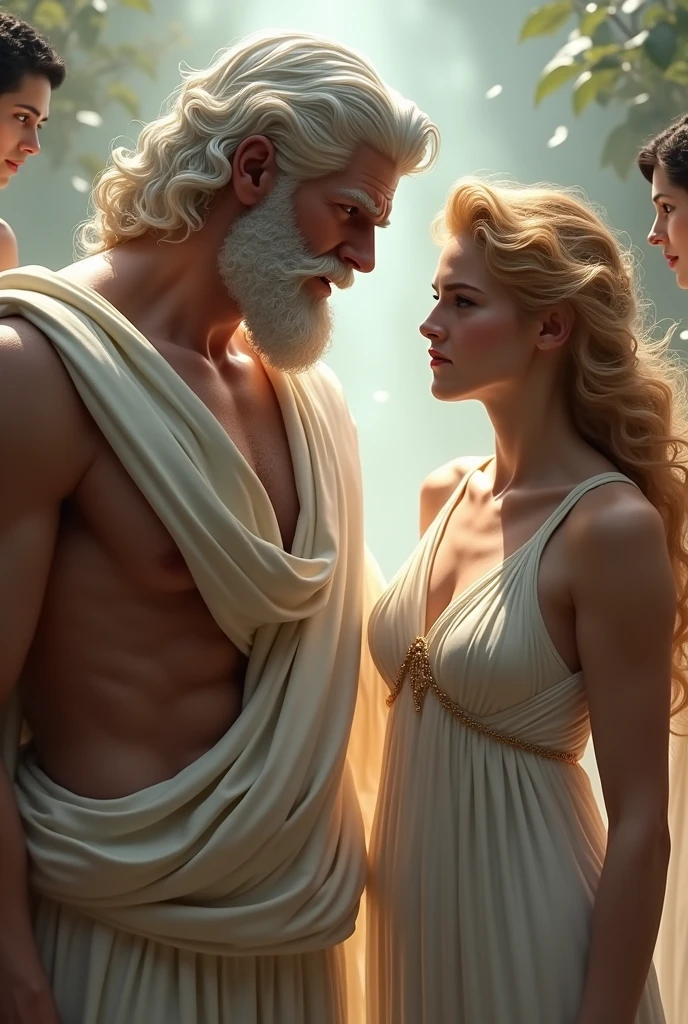 Zeus with a face of disgust is with Aphrodite with loose blond hair in a white dress talking and behind them two appears another woman Sappho of Lesbos with dark and short hair looking at them