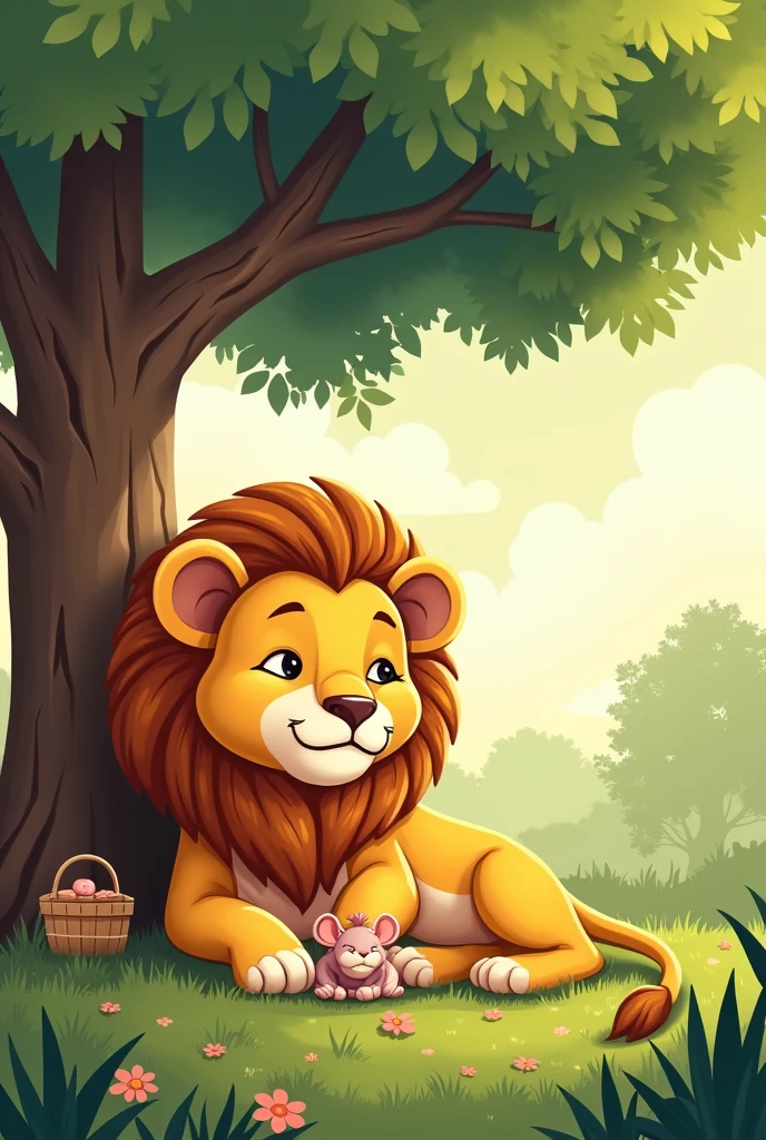 Create a cartoon illustration of a lion resting under a tree and a mouse sitting beside the luons paw