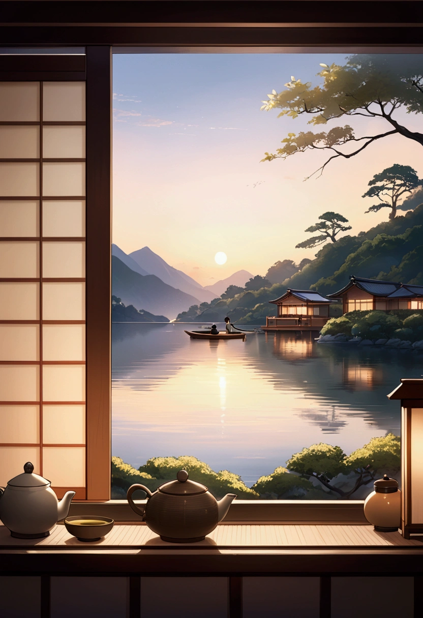 Beautiful distant mountains+Light boat+Trees and tiled houses+Close shot of fisherman fishing、.Soft background.More dreamy and ethereal atmosphere.Cover the screen.More obvious gradation.Bokeh effect.The overall picture is minimalist but rich in layers,Elegance reveals a vague romantic charm。Meticulous photography techniques,Capturing the Zen and tranquility of the tea ceremony,Demonstrate high-quality visual experience。