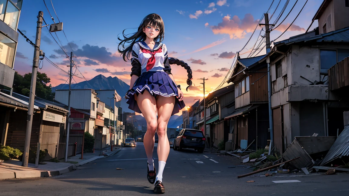 (Giant Woman Factor, High resolution, high quality, Accurate body structure, Detailed body), Japanese girl, Sailor suit, Towering Giant Girl, Looking up at a woman approaching from below, giant attacks city, cute, girl Destroy a small town, Destroy a small town, Naughty look, Japanese, White skin, smile, trampling buildings, rubble, Burning Small Town, destroyed small building, Collapsed highway, Cars are crushed, Evacuation of residents, sunset, Burning Small Town, please, walk, Trampling, Anatomically correct, Accurate human body, Accurate skeleton, Full body portrait, blue eyes, rubble scattered at feet, Higher than skyscrapers, Major impact, wonderful, Giant Woman Factor, Draw a woman in a big way, Increase the destructive element, make city smaller, rampage, city, building, monster,