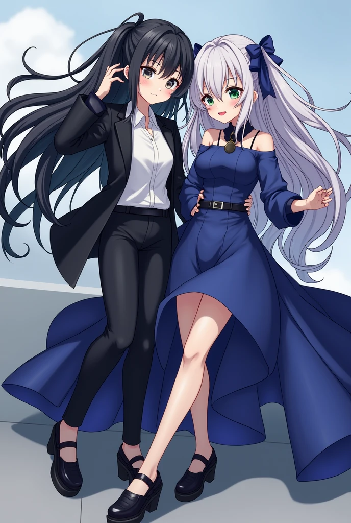 A girl with black hair,gray eyes, dressed in a white shirt, black jacket, black pants accompanied by a girl with gray and violet hair,green eyes and dressed in a blue dress and black shoes