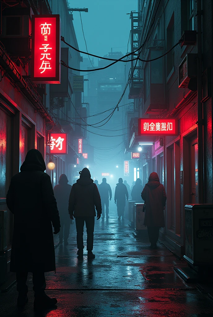 A dark street that tapers towards the back and darkly opens out to a black market. on the right side there is a door that leads to a club and on the left side there are stands where you can buy weapons. Sci Fiction