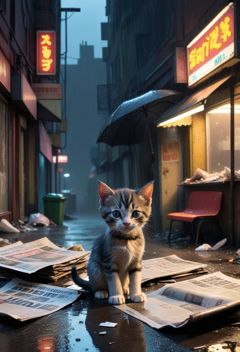 Abandoned scenes, young kitten looking for food. a lot of rubbish, old newspapers, old neon signs, low light, it's raining, everything is wet.  story, comic strips, story progression