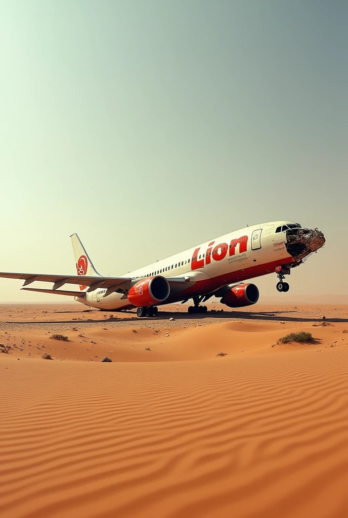 bangkai pesawat Penumpang livery "Lion Air' stranded in the middle of a vast and seemingly endless desert, The condition of the fuselage is split in two