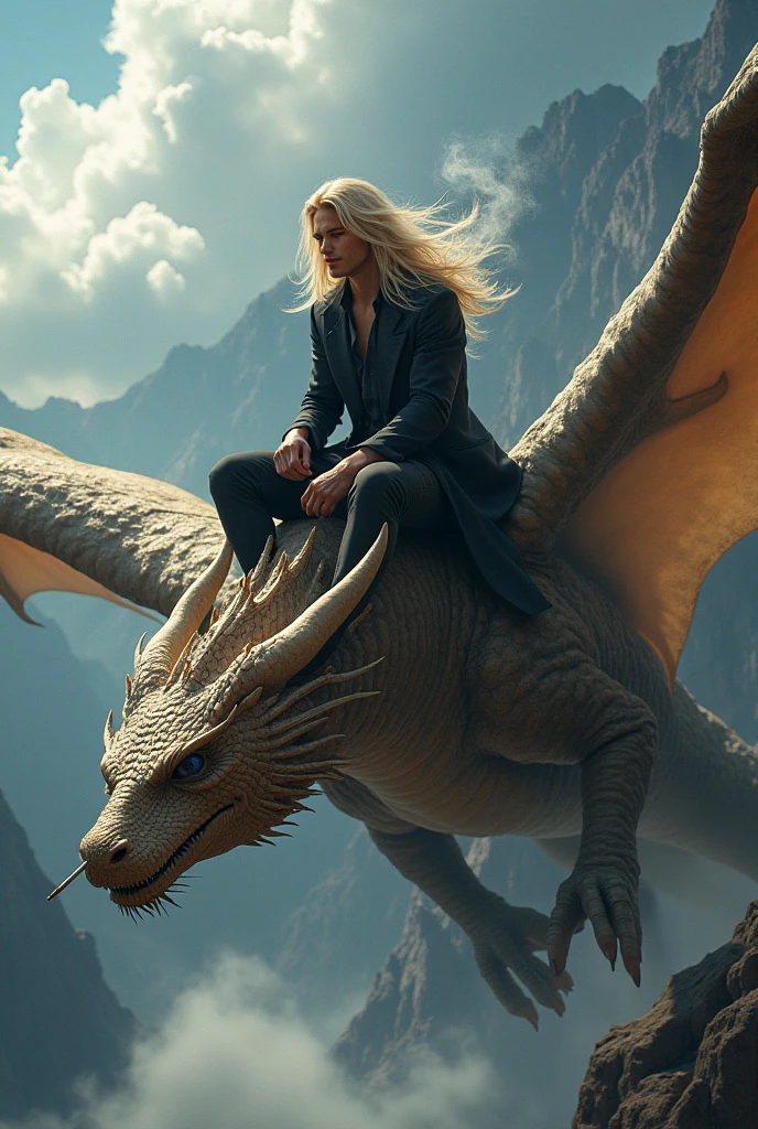 Man with long blond hair smoking a cigarette on top of a dragon 
