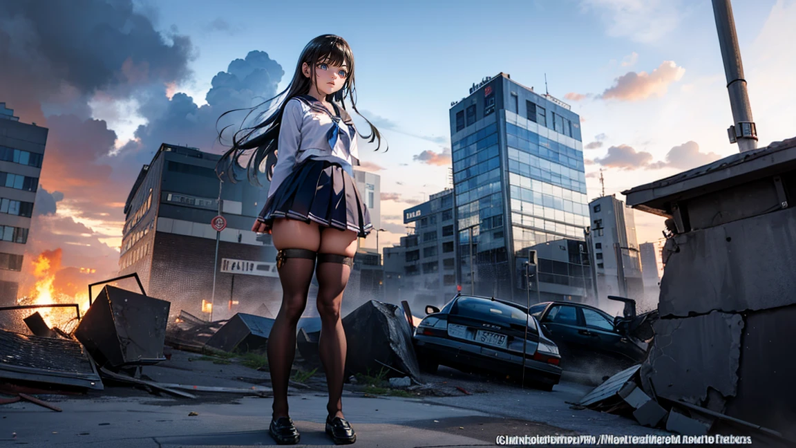 (Giantess Elements, High resolution, high quality, Accurate body structure, Detailed body), Japanese girl, Sailor suit, Towering Giant Girl, Looking up at a woman approaching from below, giant attacks city, cute, girl Destroy a small town, Destroy a small town, Naughty look, Japanese, White skin, smile, trampling buildings, rubble, Burning Small Town, destroyed small building, Collapsed highway, Cars are crushed, Evacuation of residents, sunset, Burning Small Town, please, walk, Trampling, Anatomically correct, Accurate human body, Accurate skeleton, Full body portrait, blue eyes, rubble scattered at feet, Higher than skyscrapers, Major impact, wonderful, Giantess Elements, Draw a woman in a big way, The rise of disruptive factors, making city smaller, rampage, city, building,