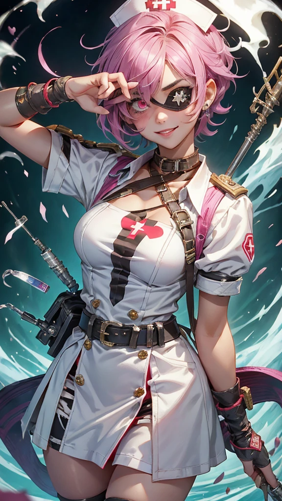 A beautiful girl wearing a white high-necked punk nurse uniform（20th Generation）Short hair, an eyepatch on one eye, a syringe in one hand, and a crazy smile.