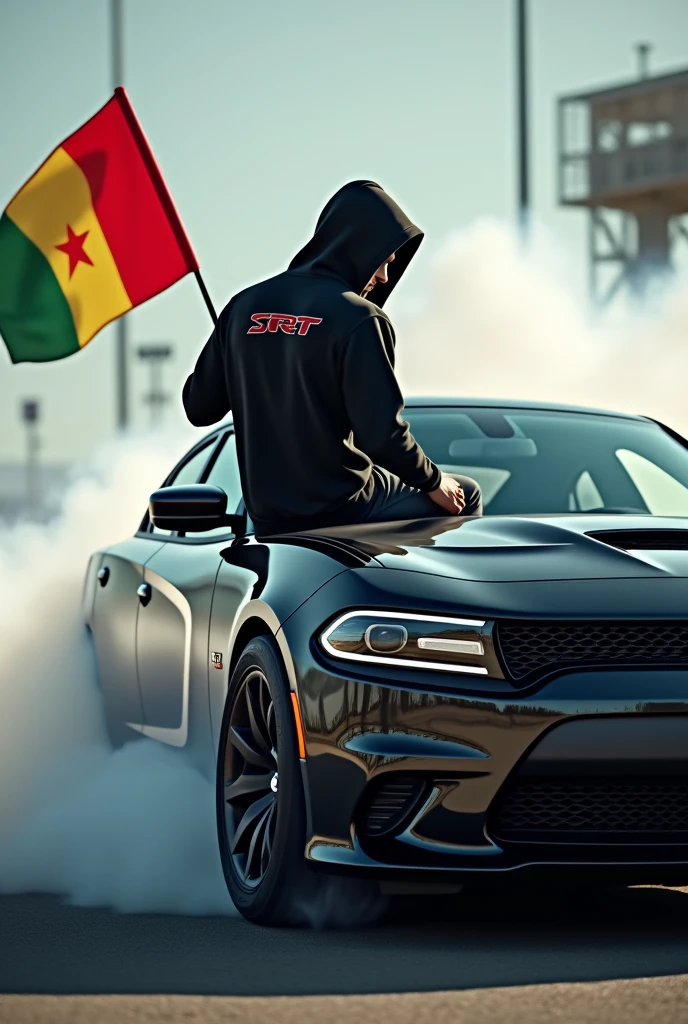 Je veux créer l'image d'un gars qui est assis le rebord gauche arrière de la portière d'une Dodge charger srt qui est entrain de faire un drift. Le gars en question tient le drapeau du 🇸🇳.Le gars porte un pull à capuche noir. Il porte le capuchon du pull,son visage n'est pas bien visible et derrière son pull est inscrit le logo SRT.
