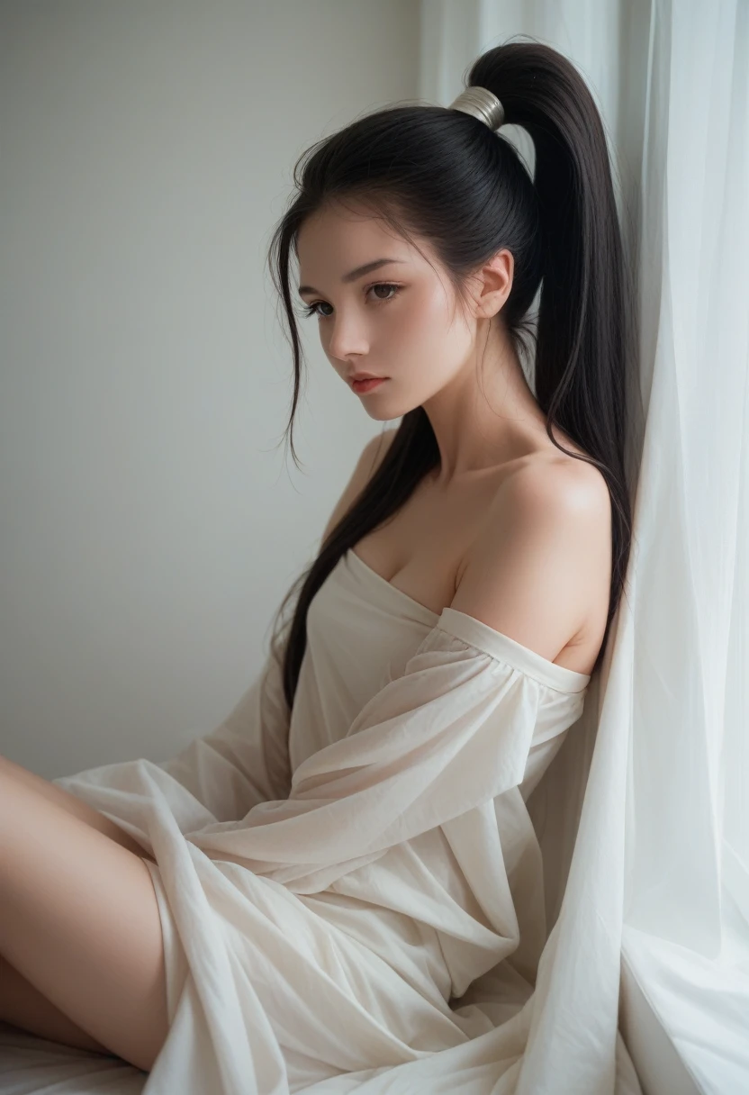 close up of 20 year old slim woman nsfw no dress,  without sleeves, dark eyes, legs, long black hair, pulled back into a ponytail, Stunningly beautiful works of art, Maximalist, by Artgerm, Аниме 8K, 8k photo, trending on artstation.