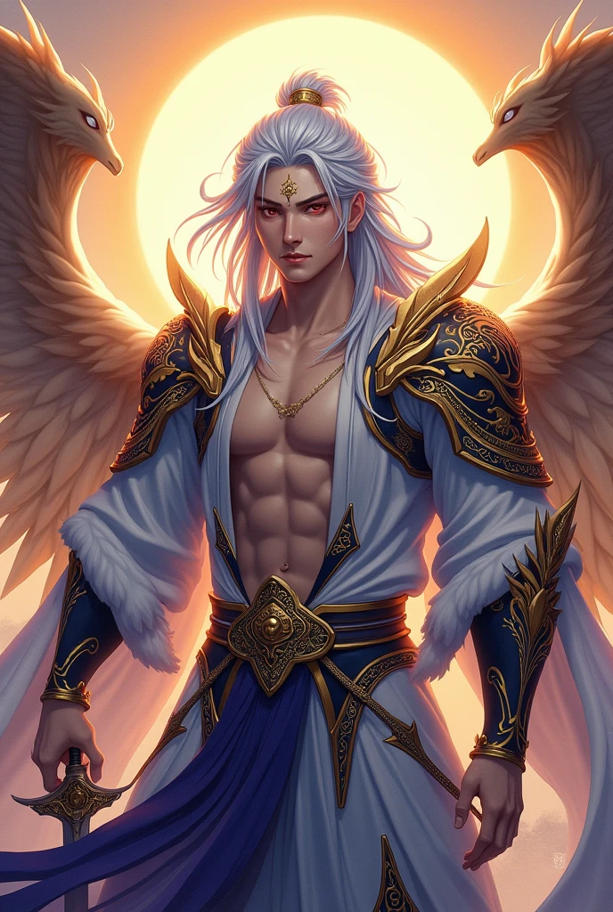 Handsome young xianxia protagonist,man,guy,long silver hair, Crimson red and golden amber eyes combination ,and long silver hair with white undertone,and the golden rune motiv  scratched on his forehead,use armour featuring like pattern on furr of white Tiger chinese with azure and white dominant color,pauldron protective shape like dragon head,breastplate featuring like azure dragon head,breastplate detailed azure dragon head shape,shoulder protective dragon shape like head red and blue,sun and moon circling at the background,the tassel of the armour like river of galaxy,open Abs, combination of azure and white dominant color,white dominant color, white dominant color armour,with majestic purple line ,held mystical sword, And majestic golden  wings at back,wings at back,terrifying aura around,24K ultra hd,face and eyes detail,lips and face detail,masterpiece ,better quality 