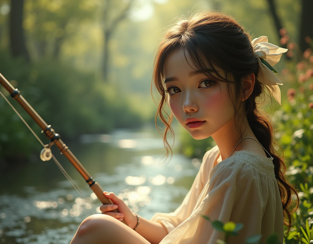 a girl fishing by a spring creek, beautiful detailed eyes, beautiful detailed lips, extremely detailed eyes and face, long eyelashes, sitting on the riverbank, fishing rod in hand, peaceful expression, idyllic countryside landscape, lush green foliage, flowing creek, warm sunlight, soft focus, cinematic lighting, muted color palette, highly detailed, photorealistic, digital art