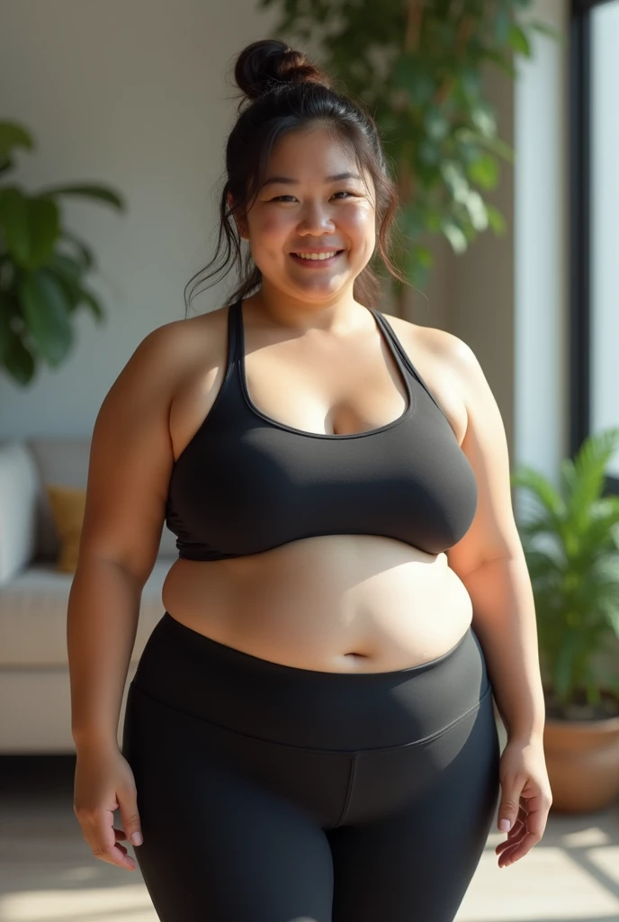 A slightly plump Asian woman with belly fat,Wearing tight yoga clothes,Untidy