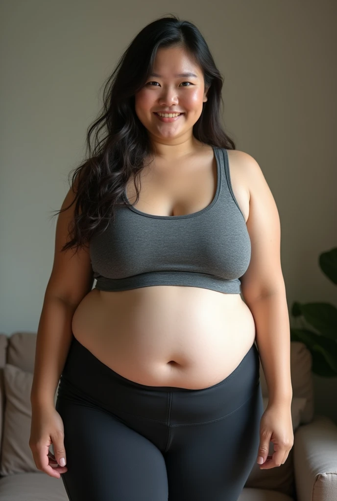 A slightly plump Asian woman with belly fat，Wearing tight yoga clothes，Untidy