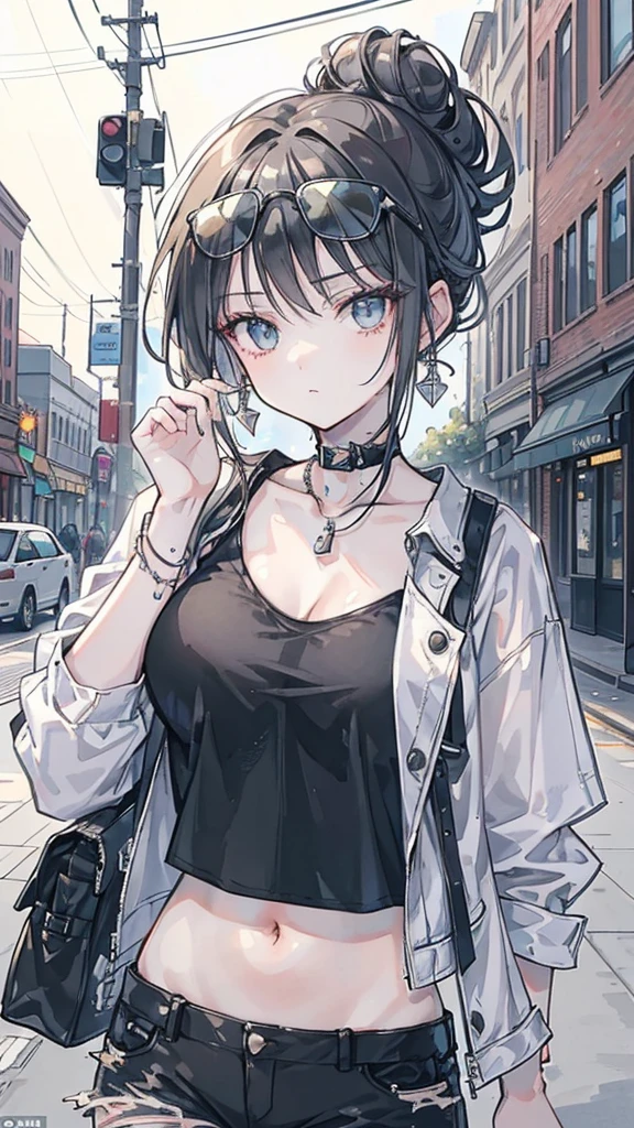 (masterpiece:1.2, best quality), 1. Ms., Solitary, Upper Body, Big , Chic and avant-garde leather jacket with white T-shirt and ripped jeans,Light makeup and messy bun,Confident and relaxed (Music festivals or trendy downtown neighborhoods) Statement sunglasses and large jewelry, Comes with a convenient crossbody bag