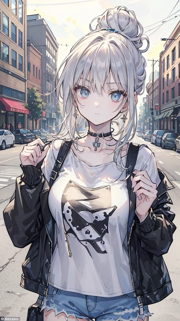 (masterpiece:1.2, best quality), 1. Ms., Solitary, Upper Body, Big , Chic and avant-garde leather jacket with white T-shirt and ripped jeans,Light makeup and messy bun,Confident and relaxed (Music festivals or trendy downtown neighborhoods) Statement sunglasses and large jewelry, Comes with a convenient crossbody bag
