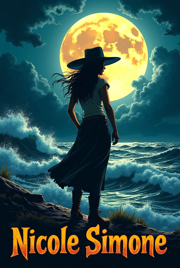 Me.You can generate a logo where a rancherita with a hat appears looking at the.rough sea, The brand is called Nicole Simone, The moon must appear reflecting the sea