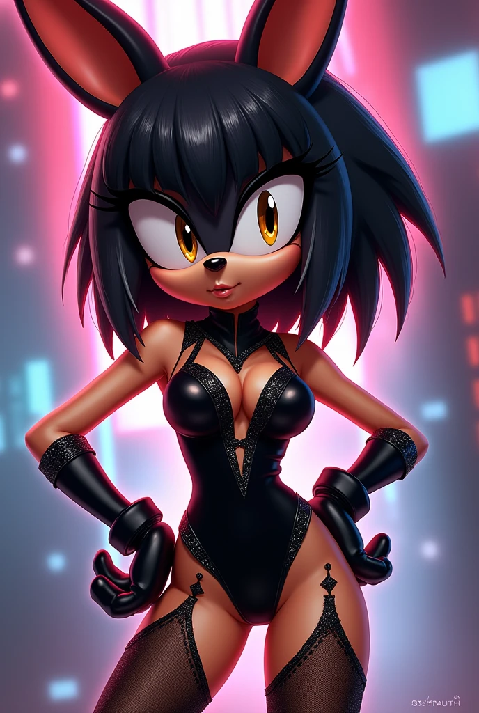 A female hedgehog like amy rose style,black bob haircut with bangs,brown eyes,a sexy black  rabbit suit with glitter and fishnet, Sonic the hedgehog 2d style
