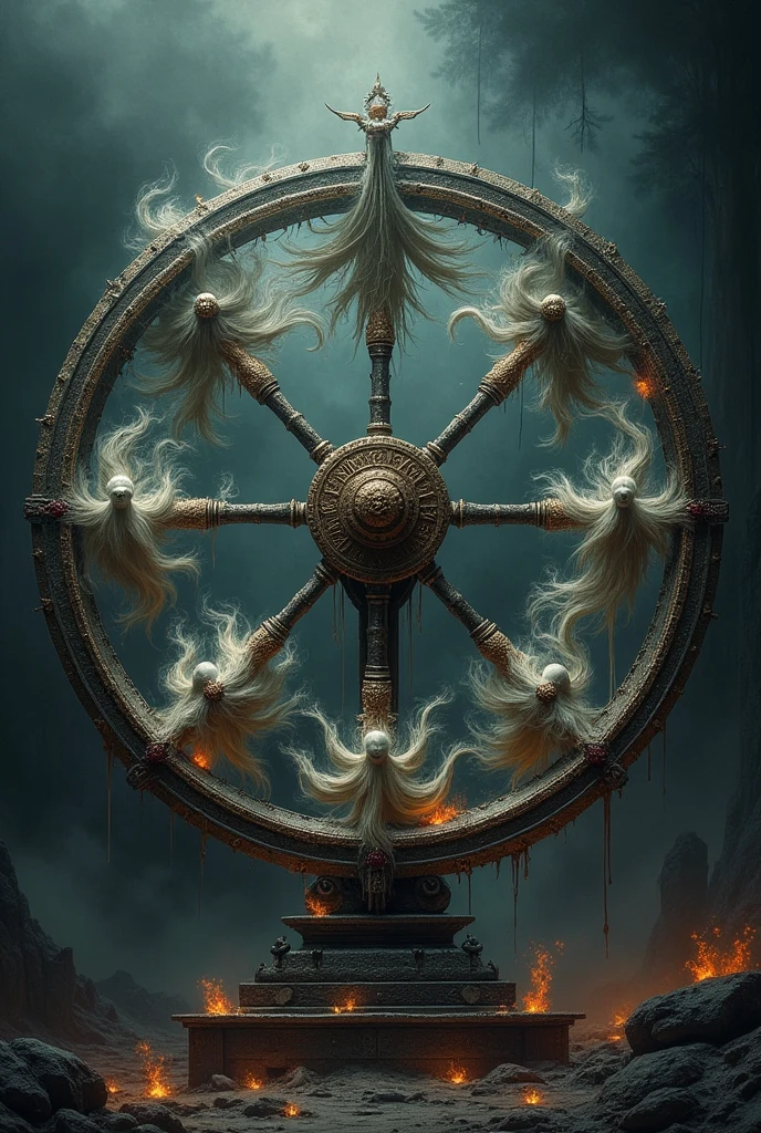A spinning wheel with images depicting revenge, honor and violence.