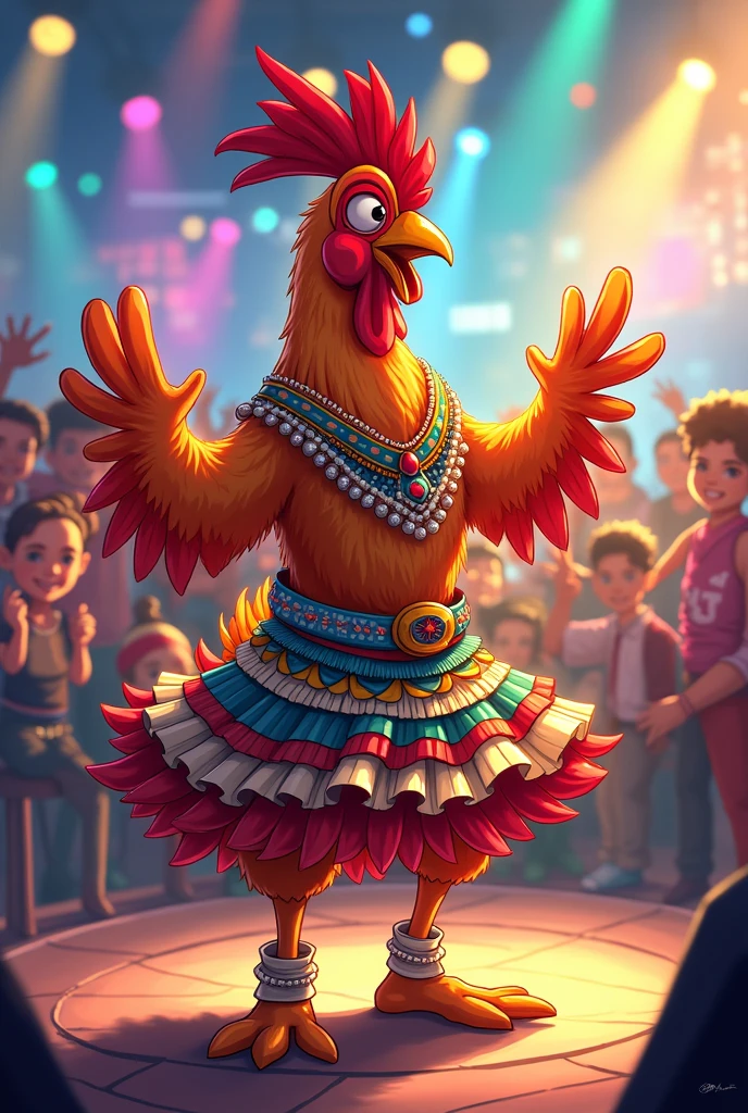 Generates an image of a chicken dressed as a cumbia singer, anime version