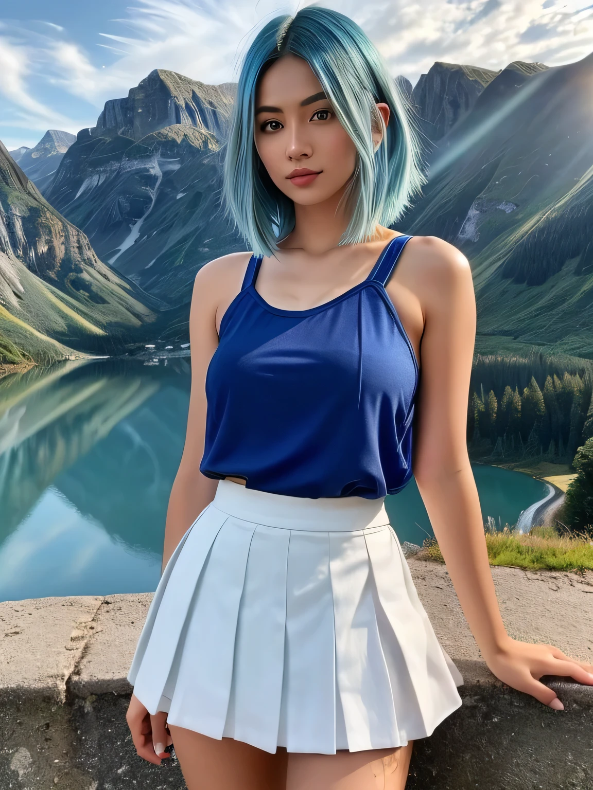(blue hair:1.4), short hair, realistic green eyes, cobalt hair, long bob hair, tousled hair, shoulder length hair, Full body, woman with white skin and Asian features, 24 year old, big breast. Her face has an oval shape with high cheekbones that add to her model-like appearance. (crack), detailed (texture!, shine, color!!, flaws: 1.1), highly detailed glowing eyes, (looking at camera), specular light, dslr, extreme quality, crystal clear, cute face, detailed skin pores, oil Dark skin, brown, complex eye details, she is far from the camera, A full-body portrait, captured from a distance. Dynamic Frame, 8K, beautiful, realistic, (scenic view from beautiful european landscape:1.3), looking at viewer, full body shot , slender body shape, (blue pleated mini shirts + white mini skirt), , (short hair:1.3)