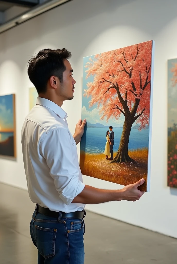 Tanned japanese handsome japanese man, man is wearing an white formal shirt and jeans with , he is standing, grabbing, hold a painting canvas to the air. In the painting, a man and woman are depicted under a fallen cherry tree in Van Gogh's style. He is in an industrial style gallery room with clean white wall and random painting hanging on the wall, he is a painting currator. focused on the painting, Over-the-shoulder shots, ultimate photorealistic.
