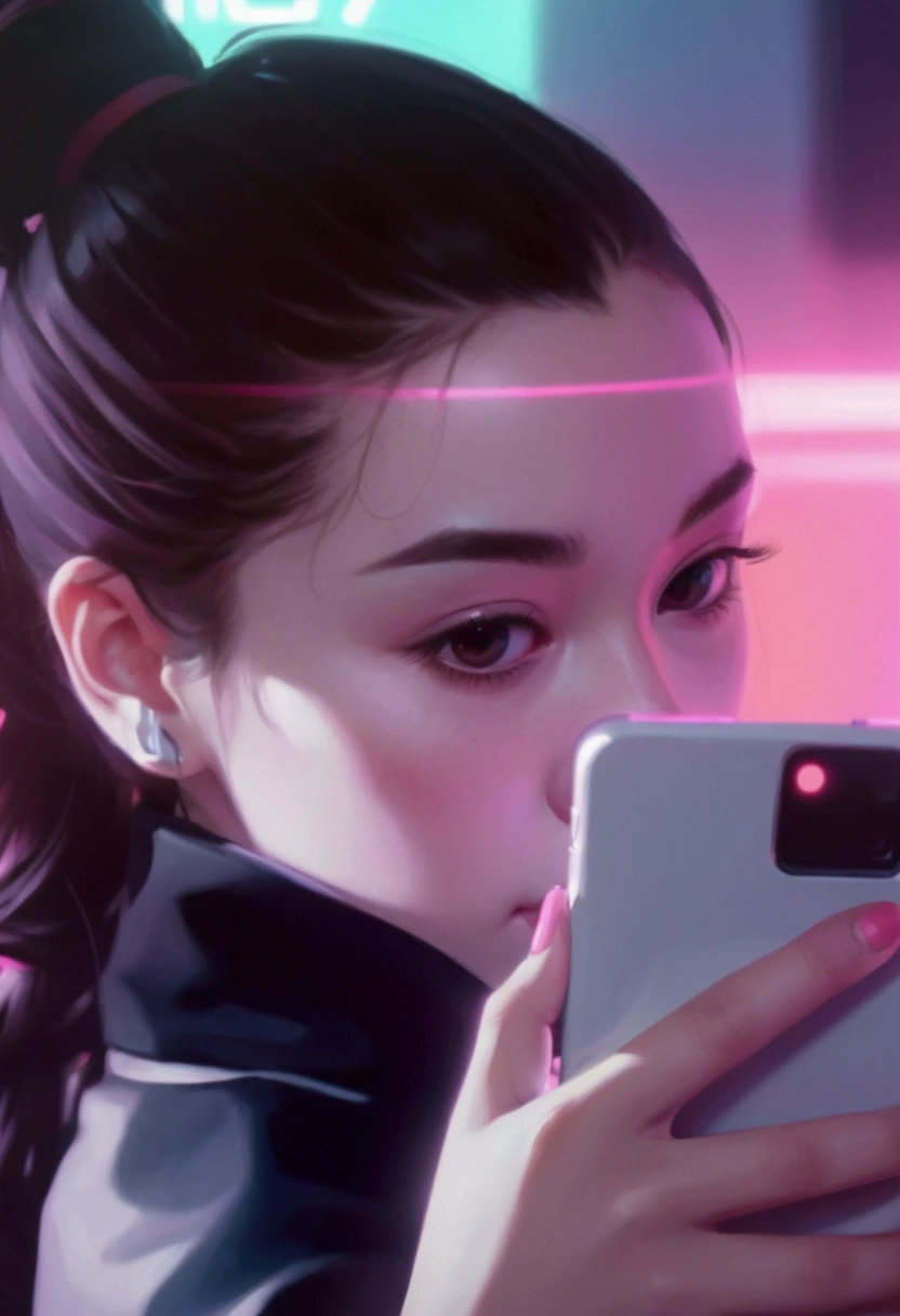 girl with ponytail holding a cell phone in front of a neon background, artwork in the style of guweiz, kuvshinov ilya, ilya kuvshinov. 4 k, guweiz, kuvs.