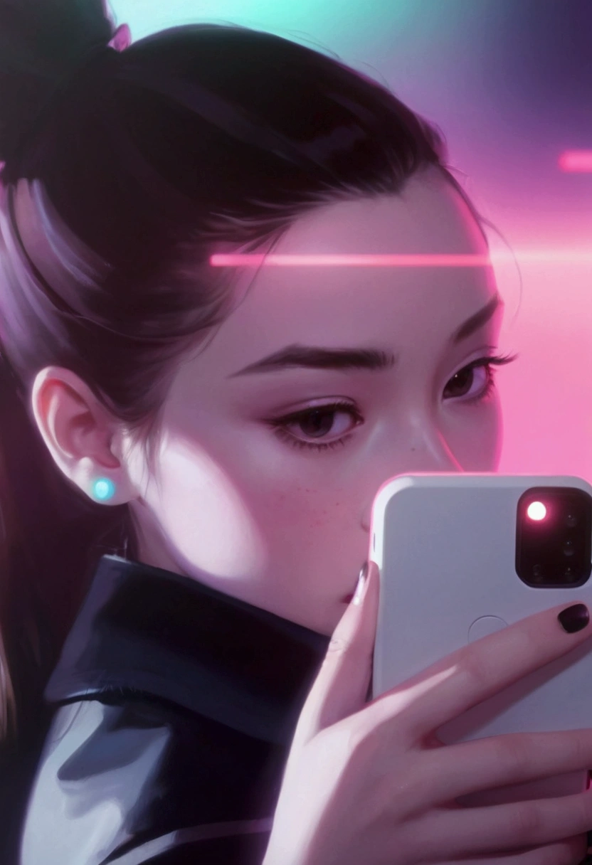 girl with ponytail holding a cell phone in front of a neon background, artwork in the style of guweiz, kuvshinov ilya, ilya kuvshinov. 4 k, guweiz, kuvs.