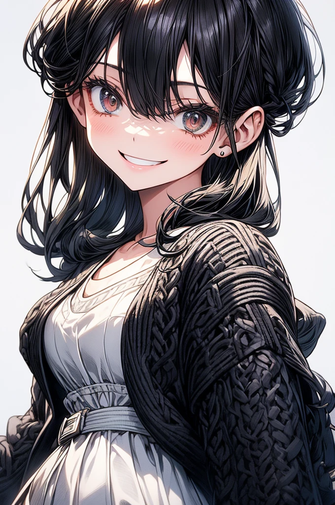 A (((short woman))) with a delicate yet striking silhouette, featuring a slim waist and hips that stand out against her slightly longer, flowing legs. Her hair is flowing down her back and her eyes are dark brown. She's clad in a (((white flowy mini dress))), with a (((black wool cardigan))) on top, complemented by a sleek white background and a sunny, street setting where she's posed with a warm smile (((face close up)))