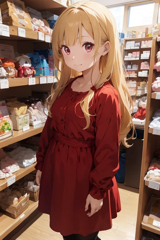 1 female, , red long sleeve dress, blonde long hair, rosa cheeks, younger body, doll store