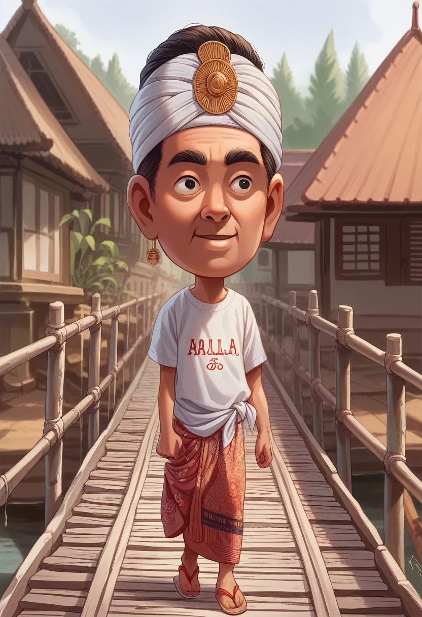 A 25th Indonesian youth. Wearing a white kopyah, wearing a shirt that says "RubyART", sarong and flip-flops walking on an ancient bridge made of bamboo. The background in Sanur, Bali, in the afternoon, is an ancient residential house made of planks and thatched roofslooks like real.