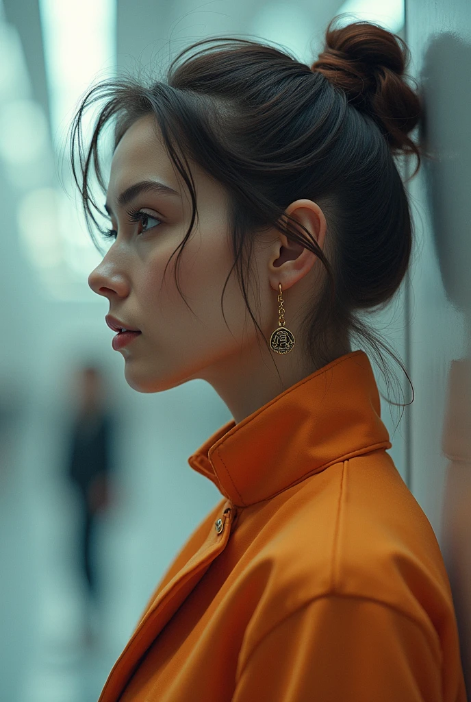 A woman visualizing herself in the future dressed in ordinary clothes while in the future she dresses like an artist and with a lot of presence