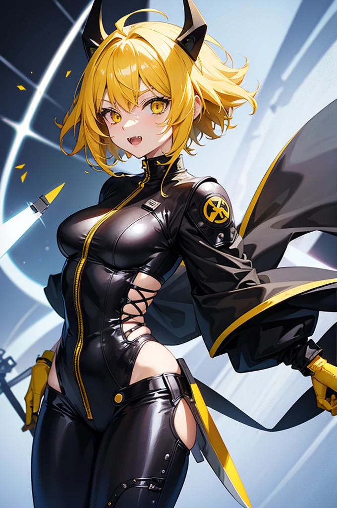 Anime girl yellow messy short hair teeth fangs wearing futuristic clothes holding a curvy knife