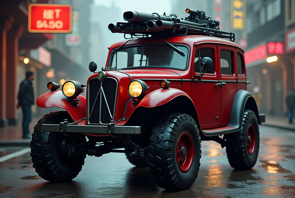 Cyberpunk Alfa Romeo wine red vintage armored tuk-tuk、Heavily armed、Shallow depth of field、(masterpiece:1.3) (最high quality:1.2) (high quality:1.1)、Cinematic Light, ((Cinema Lighting),(Natural light),(High level of artistry),(artistic),(Indistinguishable quality from the real thing),RAW Photos,Genuine,Genuine,High resolution,RAW Photos,masterpiece, beautiful,