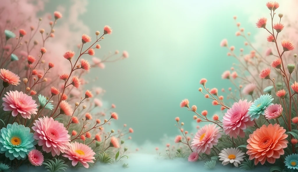 Whimsical fantasy elegant rose floral botany minimalism with a wave of flowers garden flowing flowers floating in hazy pastel pink, aqua green, pastel apricot, smoke fractal, moody and massively realistic flowers, octane rendering, Josephine wall art, Isabel Menin, Jean, Amy brown