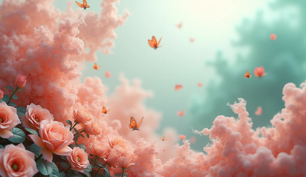 Whimsical fantasy elegant rose floral botany minimalism with a wave of flowers garden flowing flowers floating in hazy pastel pink, aqua green, pastel apricot, smoke fractal, moody and massively realistic flowers, octane rendering, Josephine wall art, Isabel Menin, Jean, Amy brown