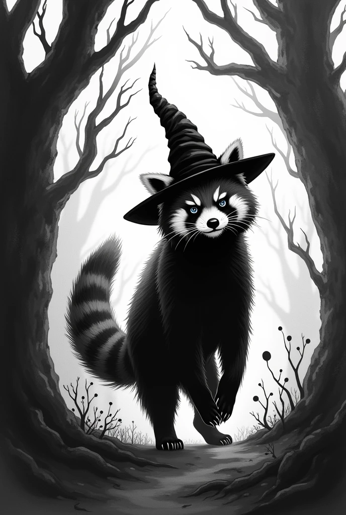 A black and white illustration in the Gothic style of a red panda wearing a wizard's hat, with a long tail, with elements of horror and fantasy walking in the forest