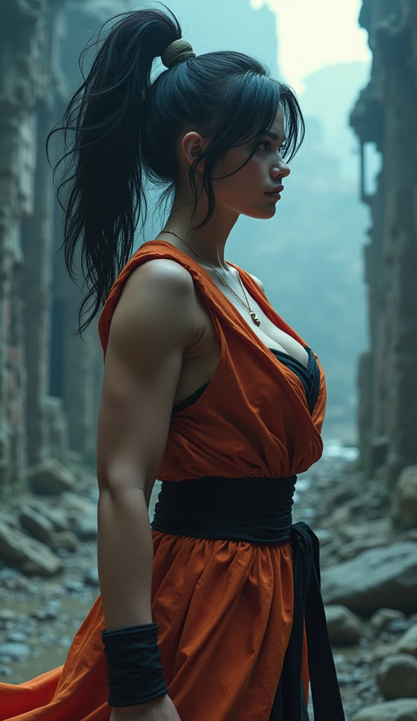 Female goku more busty, high quality, (RAW photo, best quality), (realistic, photorealistic: 1.4), (extremely delicate and beautiful: 1.4), amazing, fine details, masterpiece, ultra detailed, high resolution, best illustration, best shadow, intricate, ( extremely intricate: 1.2), (exquisitely detailed skin), cinematic light, perfect anatomy, (cool color: 1.4), sharp focus, 8k UHD, DSLR, (Fujifilm XT3),(pose americano :1.4), ,(Fondo de ruinas de mazmorra en ruinas:1.4 ), (Female goku:1.4), (Female goku V2.1), (iluminación cinematográfica :1.4)