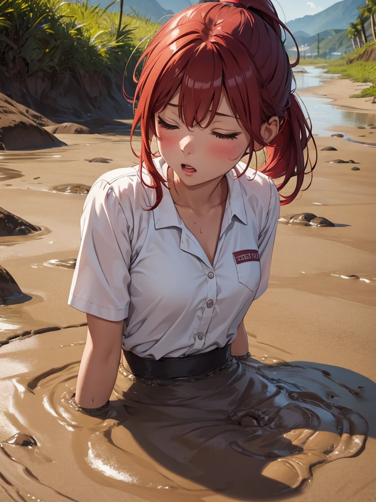 1girl, solo, masterpiece, best quality, high res, highly detailed, (illustration), eyes closed, yuigahama yui, red hair ponytail, glossy lips, light makeup, orgasm, open mouth, intimate moment, school shirt, torso, (quicksand:1.4), (from side:0), bog, swampy, arched back, (headback:0.7), dirty, muddy, soiled,