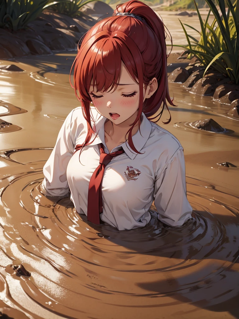 1girl, solo, masterpiece, best quality, high res, highly detailed, (illustration), eyes closed, yuigahama yui, red hair ponytail, glossy lips, light makeup, orgasm, open mouth, intimate moment, school shirt, torso, (quicksand:1.4), (from side:0), bog, swampy, arched back, (headback:0.7), dirty, muddy, soiled, 