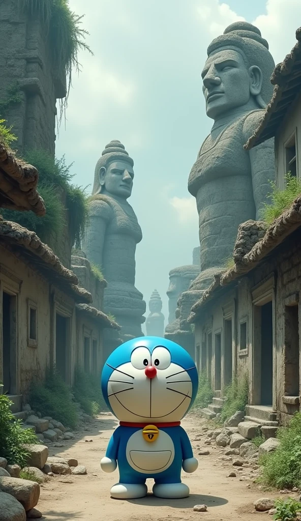 Doraemon stands in the middle of an abandoned ancient village., with ruined houses and giant stone statues eroded by time. The surrounding space is deserted and gloomy., creating the feeling of a lost civilization.