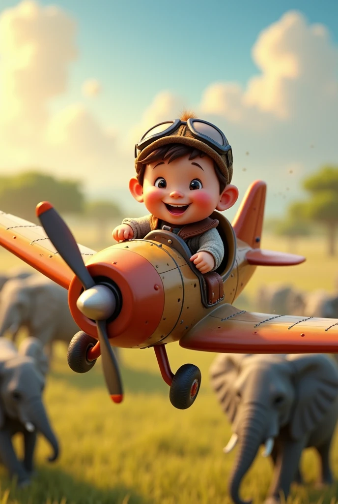 Draw me a picture of a chubby boy flying a plane. , fly over the herd of elephants grazing