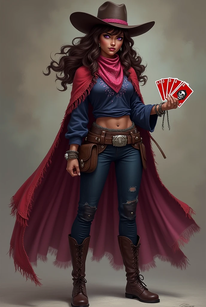 Aurora is a woman standing 1.70 meters tall, with long brown hair that reaches her back, the ends of which are curled, and a distinct white streak in her fringe on the right side. Her eyes are a light shade of purple, radiating anger and power. Aurora has a mixed heritage, being both Mexican and American, which gives her skin a rich, warm tone. She wears a cowboy hat, a bandana around her neck, a dark blue long-sleeved shirt with pink adornments, dark pants, high boots, and a poncho draped over her right side, leaving her shirt partially visible. In her hand, she holds a deck of cards that are red in color, with a skull design on the back. The color red predominates in her magic.Aurora is a cold and intense person, carrying a deep-seated anger within her. She has a powerful presence, and her mixed heritage adds complexity to her character, reflecting both the American and Mexican cultures in her style and demeanor.