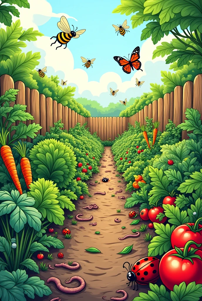 Make a vegetable garden with some hidden insects like bees, ladybugs, worms and butterflies to print and color