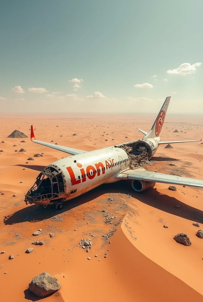 bangkai pesawat Penumpang livery "Lion Air&#39; stranded in the middle of a vast and seemingly endless desert, Kondisi badan pesawat rusak parah 
