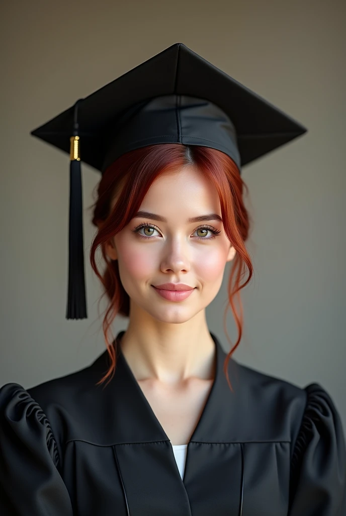 a professional image of a dark redheaded woman with graduation gown and cap and accessories